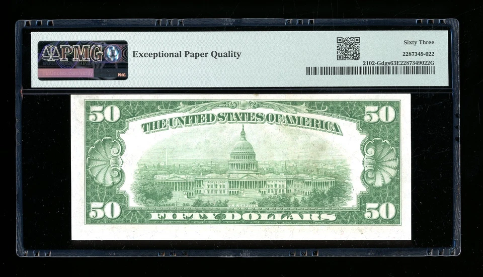 DBR 1934 $50 DGS FRN Chicago Fr. 2102-Gdgs PMG 63 EPQ Serial G01237634A - Image 2 of 2