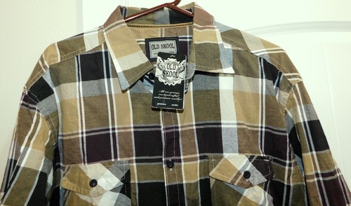 Old Skool BROWN BEIGE PLAID Button front Long sleeve young men's shirt XXL NWT - Picture 3 of 4