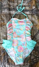 NWT O'RAGEOUS green floral Shirred ruffle sides halter 1pc Swimsuit,girl 12