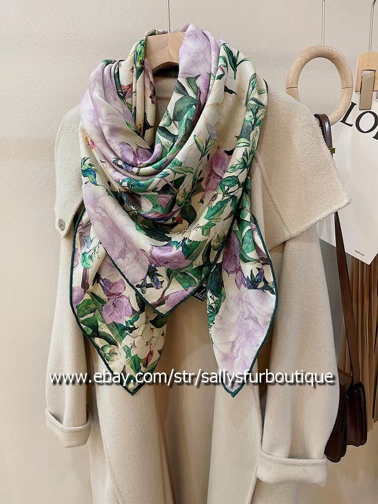 Sallys Double Face Cashmere Silk Scarf Shawl Floral Print 53 Inches