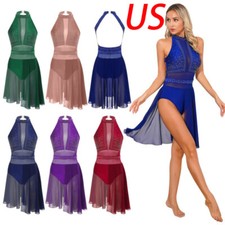 Womens Sparkly Rhinestone Lyrical Dance Dress Sheer Backless Sleeveless Leotard