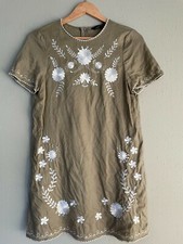 Zara Women Size Small Greige Linen Dress W/White Embroidery Short Sleeve