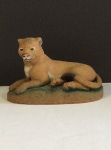 Vintage Sandstone Mountain Lion Laying Down On Base