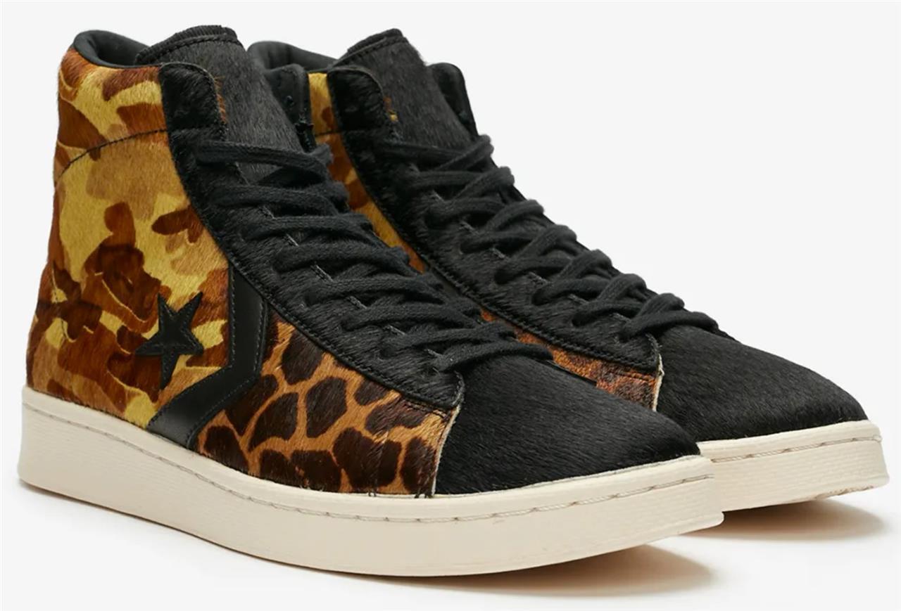 Scarpe mimetiche Converse Pro pelle media pony capelli safari giraffa Mn nuove con scatola disco