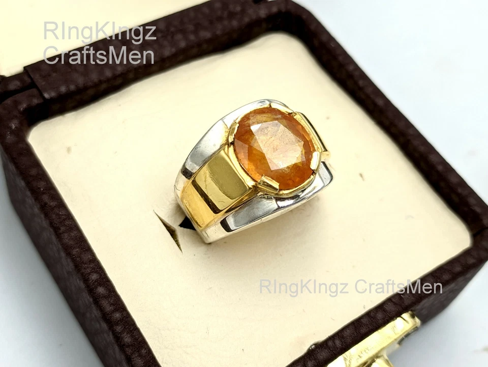 Anillo sólido de topacio de ley 925 para hombre piedras preciosas naturales hecho a mano Pukhraj real talla 9 Foto 2 de 4