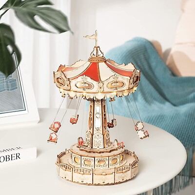 ROKR 3D Wooden Puzzle Mechanical Music Box DIY Kit with LED Rotating Swing Ride