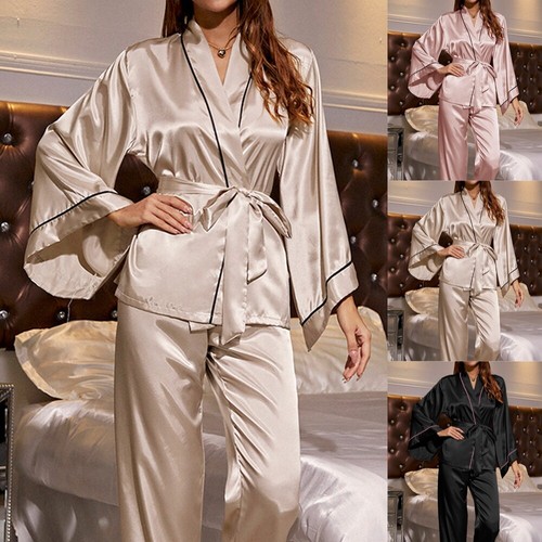 Womens Satin Pyjamas Silk Long Sleeve Tops Pants Robe Sleepwear Nightwear Set US