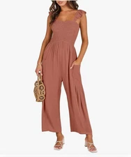 Anrabess Summer Casual Sleeveless Wide Leg Linen Jumpsuits Romper Rust Size L