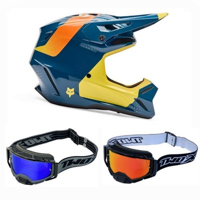 Fox Combo Cross Helmet with Goggles V3 TINE Blue MX Helmet Atom Cross Goggles Set