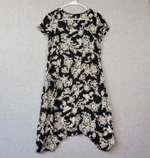 Citron Santa Monica Black Floral SS Faux Wrap Midi Shift Dress Medium Pockets 