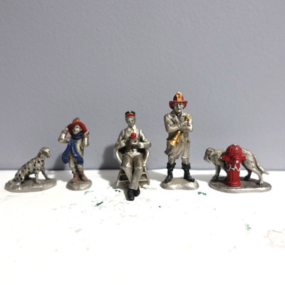 Hudson Pewter Villagers Figurines Fire House / Fire Fighters Lot Of 5