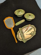 Art Deco Green Celluloid Vanity Mirror Brush Comb Set