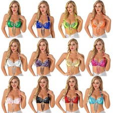 US Womens Belly Dance Costume Bra Top Halter Beaded Tassel Sequins Club Wear