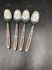 VTG MCM Eldan Brown Faux Wood Inlay Stainless Steel Japan Flatware 4  spoons