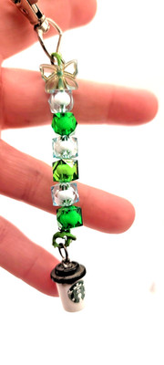 Coffee Lover Keychain Beaded Keyring Cup Charm Handmade Green White Gift