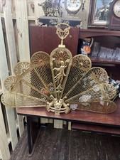 Vintage Art Deco Fireplace Screen Brass Ornate Peacock Folding Fireplace Fan