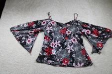 Floral Off Shoulder Blouse Womens M Sheer Black Red Pink Bell Sleeve Boho Top