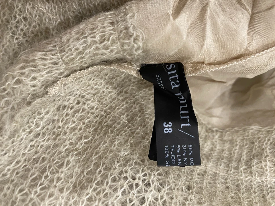 Sita Murt Dress Sz 38 Beige Mohair Blend Silk X Knit Trim Sheer V-neck Cream - Image 3 of 4