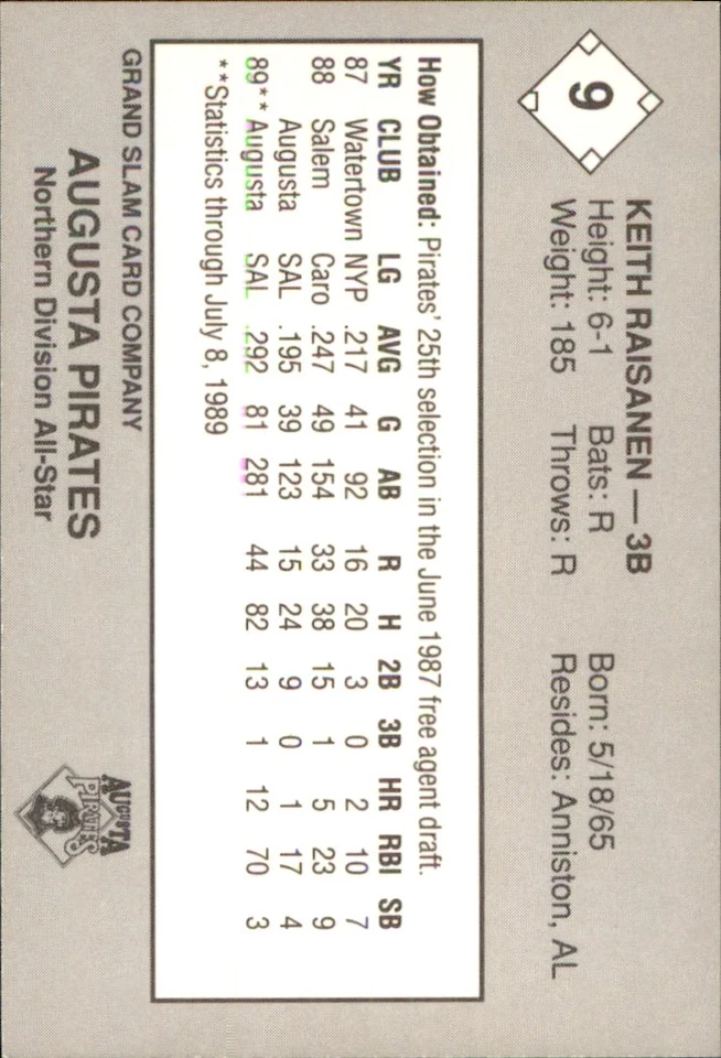 Keith Raisanen 1989 Grand Slam South Atlantic A/S #9 RC Augusta Pirates - Image 2 of 2