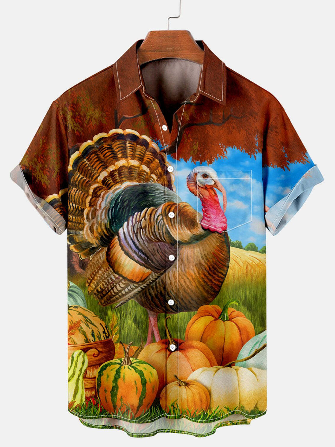 Thanksgiving Day Turkey and Pumpkin Design Hawaiian Shirt for Festive Holiday Season