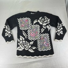 Vintage Rebecca Stone Pullover Heavy Knit Sweater Black Pink Floral Womens M