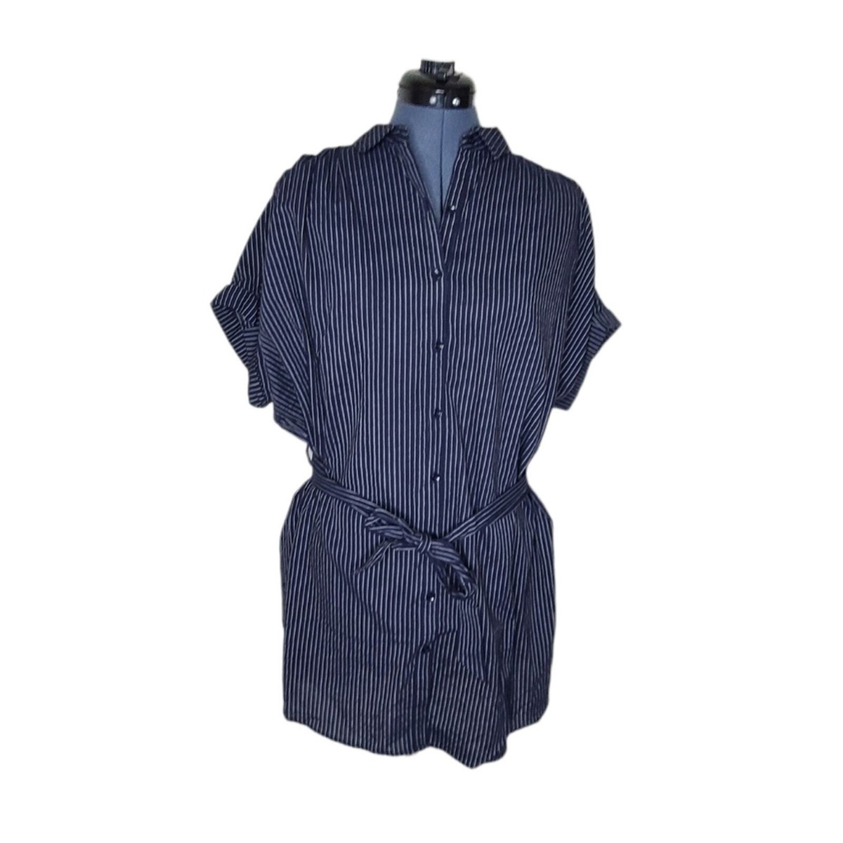 blue pinstripe tie waist shirt dress Blue Zone Planet