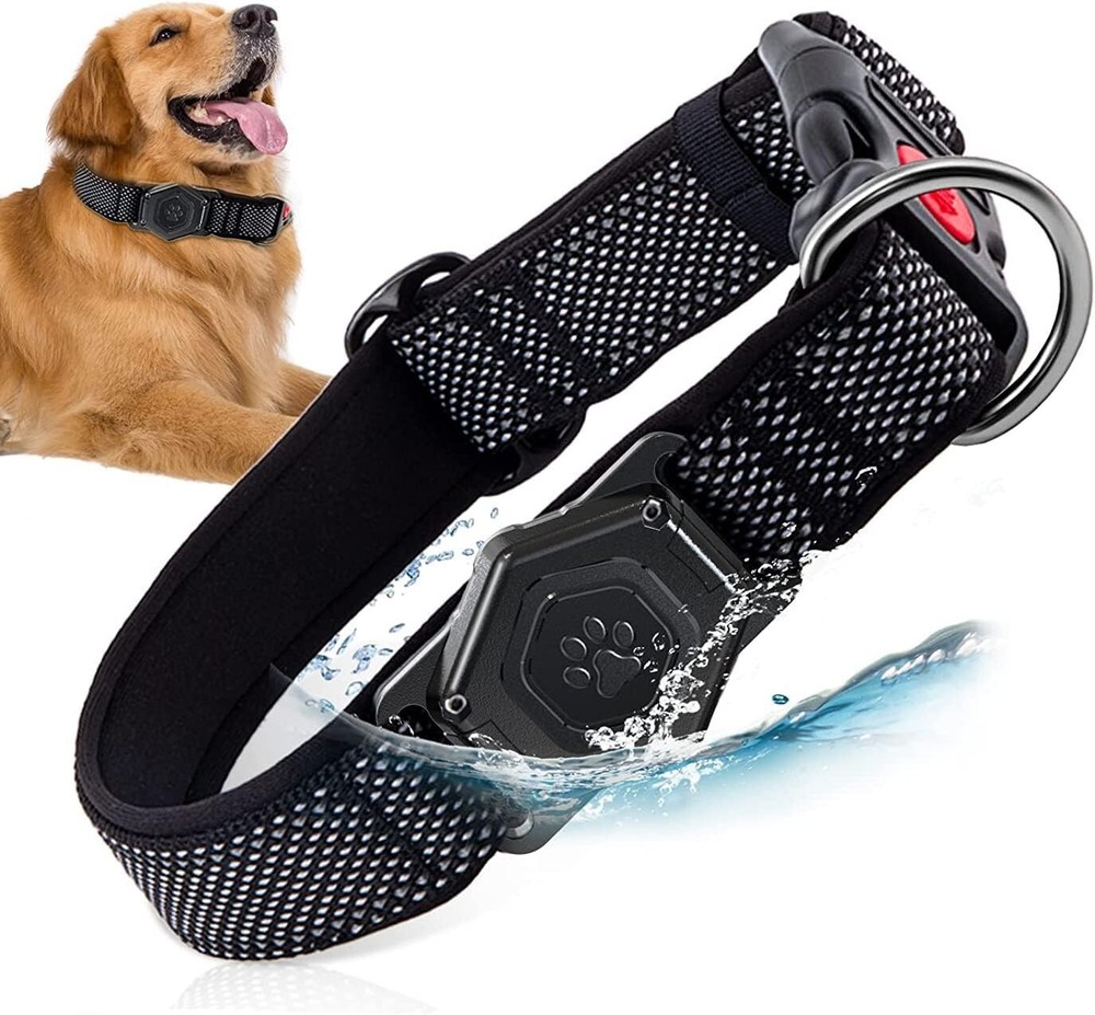 Tactical Black XL AirTag GPS Dog Collar with Handle for Large Breeds