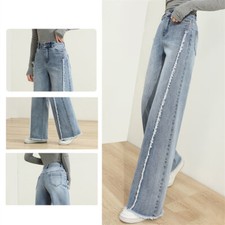 Lady Wide Leg Jeans Distressed Denim Pants Trousers Loose Fit High Waist Fashion