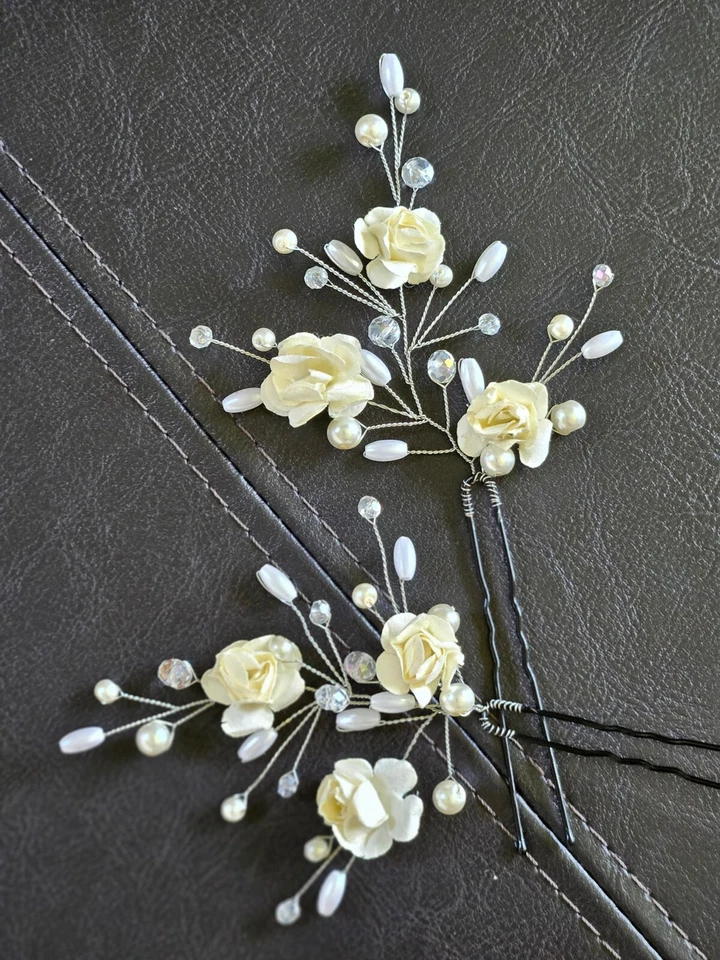 Alfileres florales para el cabello nupcial, marfil rosa perla bobby, estilo vintage, juego de 2 Foto 4 de 4