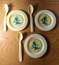 Vtg 1983 Smurfette Smurf Tea Set Replacement 3 Plates/Spoons 586 HG Toys Italy