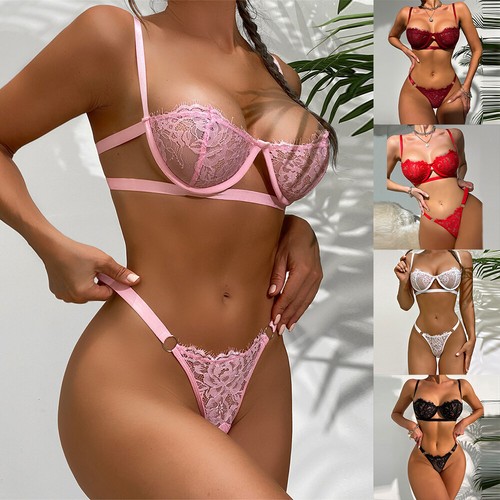 Sexy Womens Lace See-Through Bra Set Thong Sheer Underwear Nightwear Lingerie 16