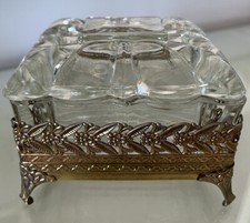VTG FILAGREE FOOTED JEWELRY VANITY TRINKET BOX GLASS WITH LID