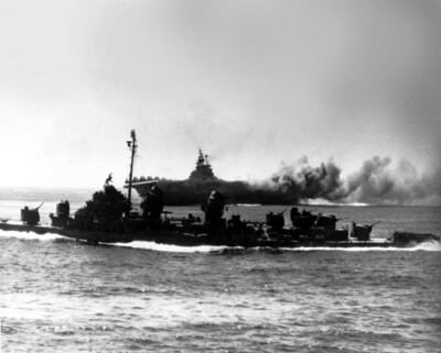 USS Intrepid CV-11 After Hit by Kamikaze off Okinawa With a Fletcher Class Photo