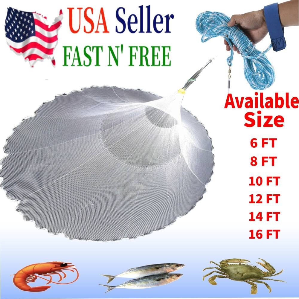 NUEVO 6/8/10/12/16FT Nylon Pesca Mano Red Cebo Camarón Fácil Lanzamiento Malla 1/2""
