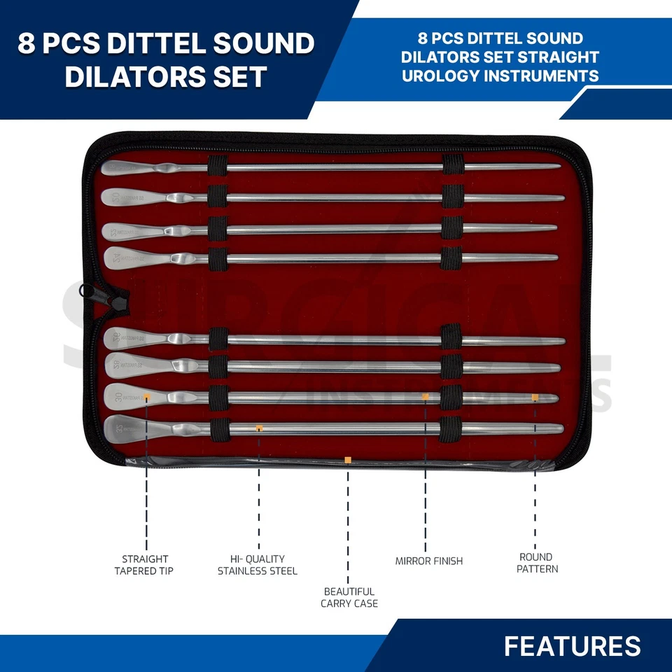 Juego de 8 instrumentos de urología de acero inoxidable con sonidos uretrales Dittel grado alemán Foto 3 de 4