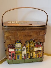 Vintage 1970's Caro Nan Signed Hand Painted Wood Woven Basket Purse Boho Classic