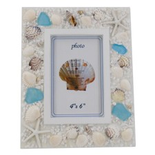 New White Sea Shell Starfish Blue Glass 4" x 6" Photo Picture Frame