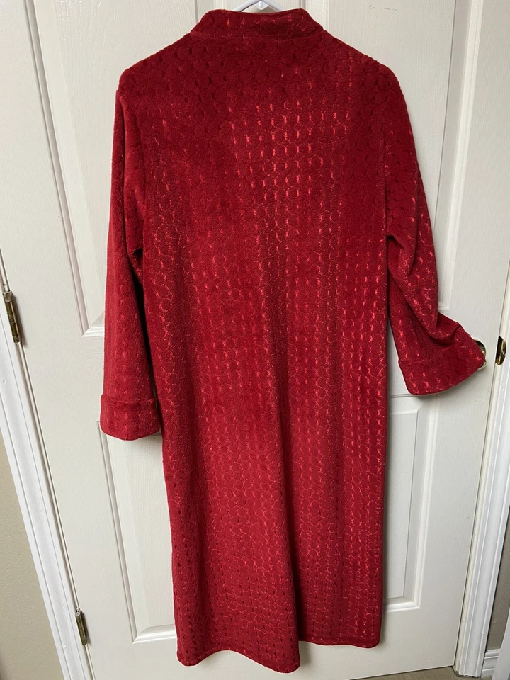 Miss Elaine Womens Embroidered Red Floral Front Zipper Pockets Robe - Image 2 of 4