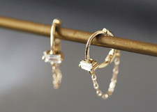 Gold Chain Huggie Hoop Earrings, Tiny Baguette CZ Stone Hoops with Dangle Chain
