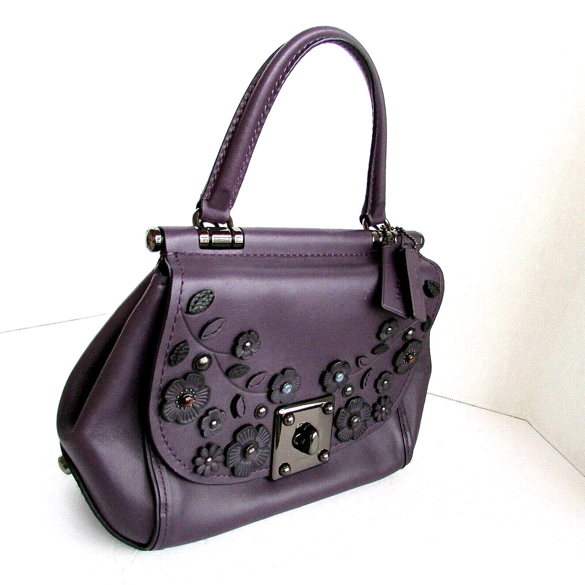 Coach willow tea rose Drifter purple leather turn lock Satchel Floral Applique