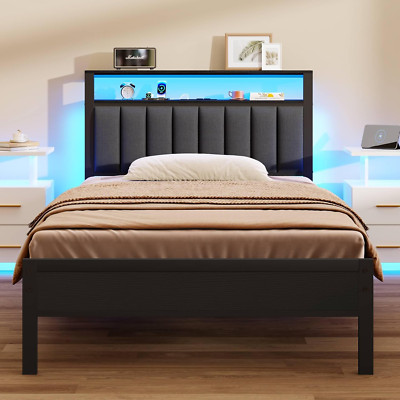 Twin Size Bed Frame with Charging Station and LED Lights, Platform Bed with Meta