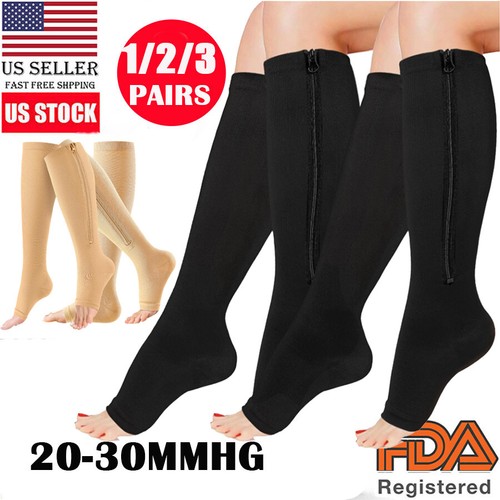 1/2/3pk Zipper Compression Socks Open Toe 20-30mmHg Circulation Pressure Support