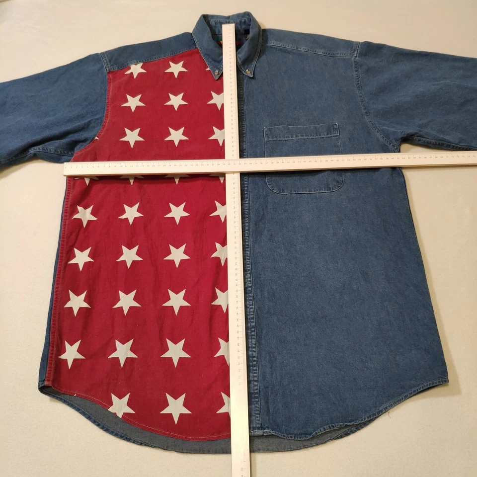 Tango By Max Raab Button Down Shirt Denim Short Sleeve Red White Star Mens Large - Image 4 of 4