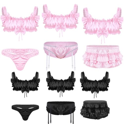 Set Reggiseno Uomo Sissy Frilly Arruffato Senza Ferretto Bralette con Mutandine Set Lingerie - Foto 2 di 48