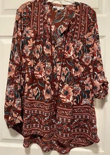 DR2 top shirt blouse M 8 Bust 40 Length 28 Brown Multicolor Floral Tie Neck