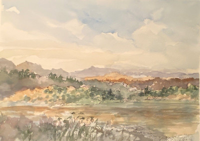 LINN C 2012  IMPRESSIONIST MOUNTAIN LAKE RURAL LANDSCAPE WATERCOLOR PAINTING