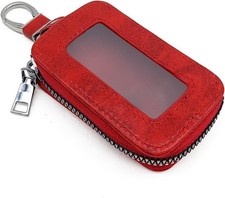 Leather Car Key Fob Protector Bag with Metal Hook and Keyring Zippe Color: Red