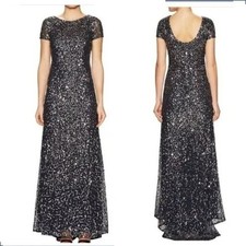 ADRIANNA PAPELL Midnight Metallic Sequin Embellished Mesh Maxi Gown w/ Train 14