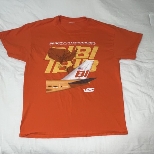 VINTAGE Braniff Orange Airplane Graphic Men's XL T-Shirt Crew Neck Short Sleeve