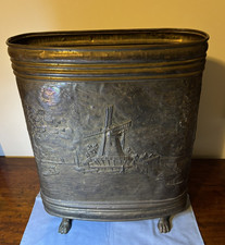 Vintage Oval Dutch Brass Umbrella/Cane Stand w/ 3 Paw Feet, Embossed Windmills